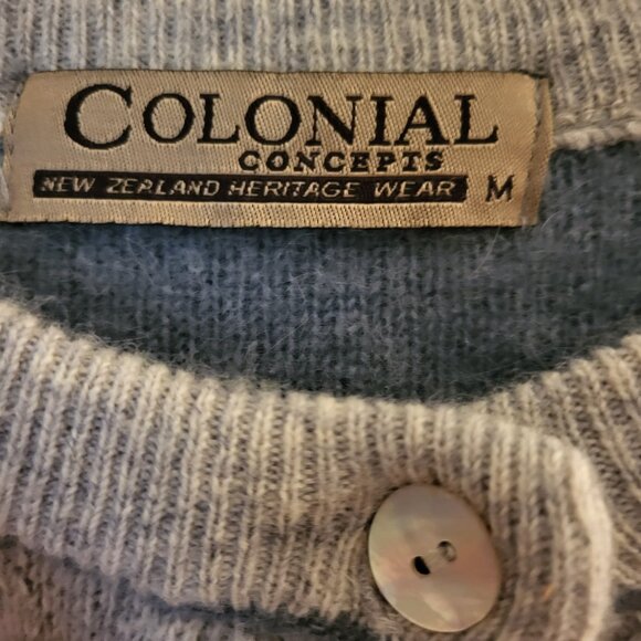 Vtg Colonial Concepts New Zealand Lambswool Angora Gray Print Cardigan Size Med - Picture 2 of 11
